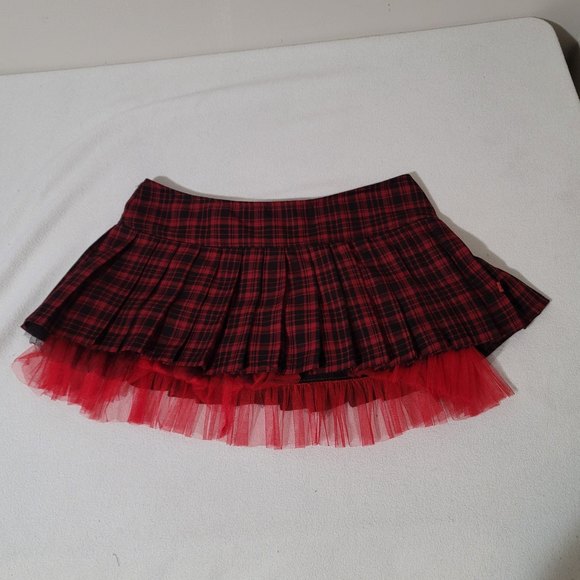 Tripp Royal Bones Plaid Mini Skirt Tulle tutu pleated red black y2k goth l - Picture 7 of 11